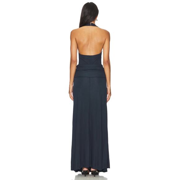 Solid & Striped The Bobby Maxi Dress Halter Neck Ruched Formal Vacation Navy MD - Picture 3 of 11